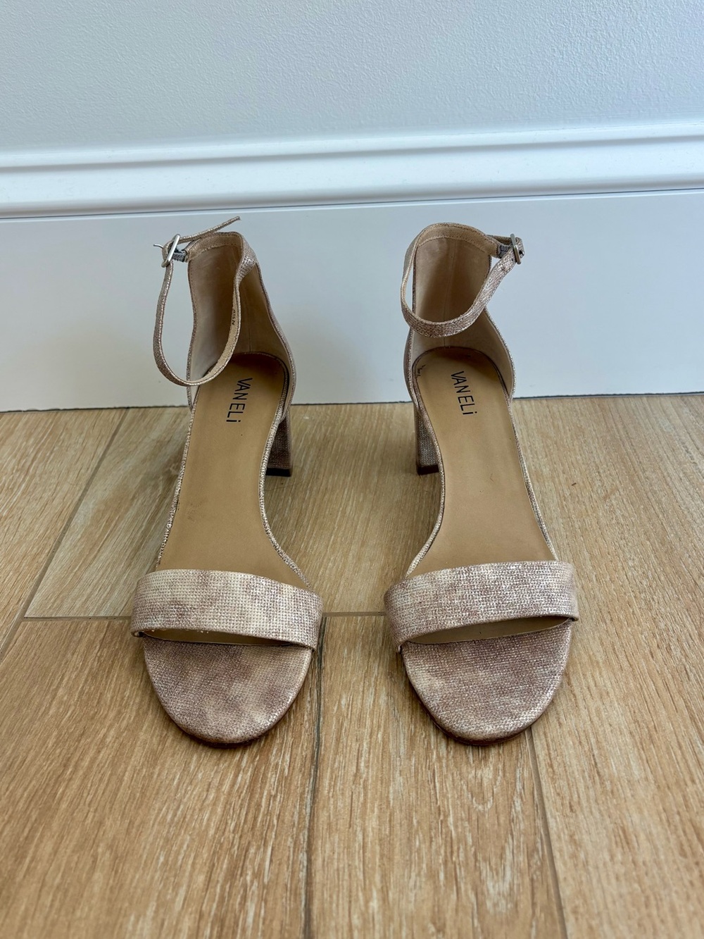 Vaneli Metallic Champagne Ankle-Strap Block Heels 8 1/2 Narrow